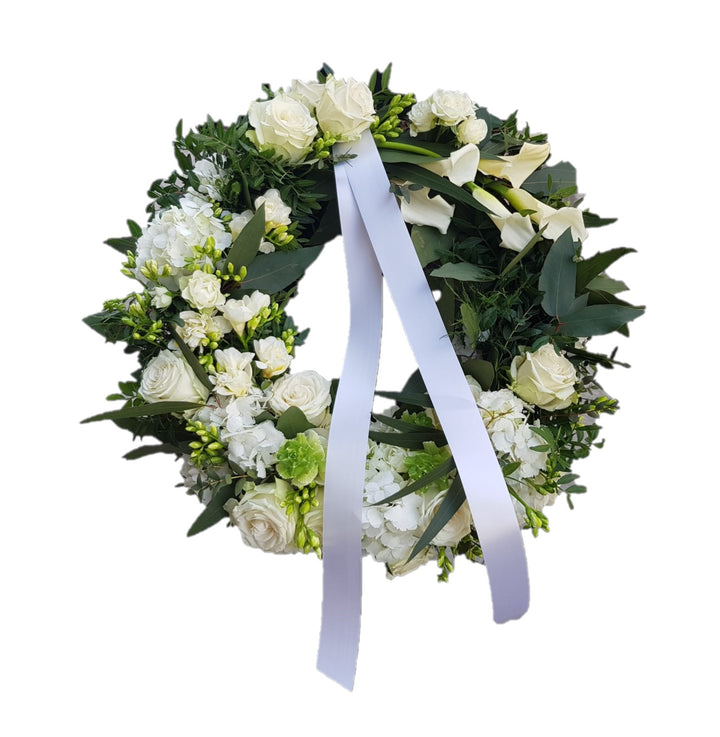 Coroana funerara trandafiri si cale - 50 cm